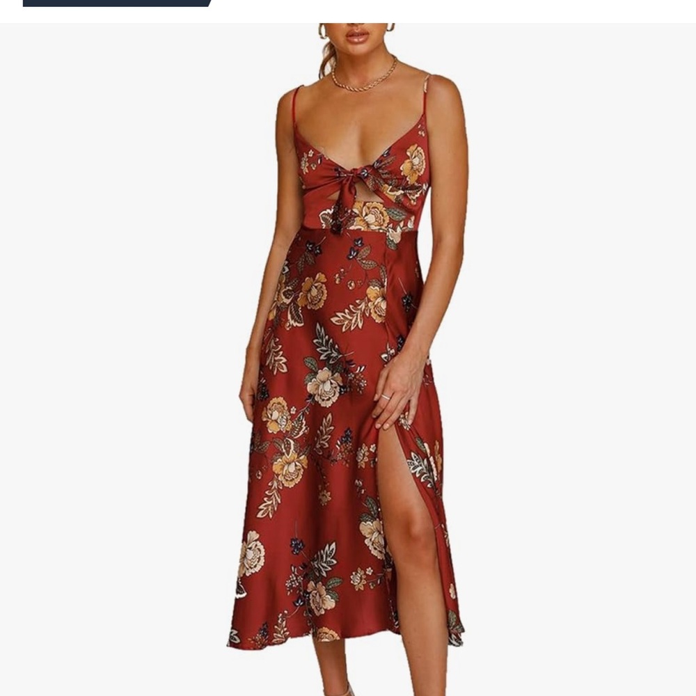Floral Red Midi Dress with Slit